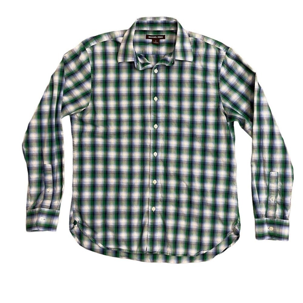Michael Kors 100% Cotton Green & Blue Plaid Dressy Casual Button Up